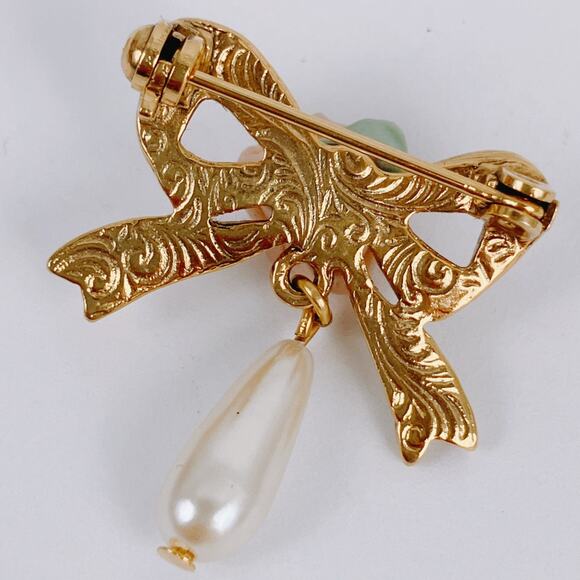 VTG 50s 60s Porcelain Rose Bow Brooch Faux Pearl Drop Mid Century Gold Tone Pin - Picture 6 of 8